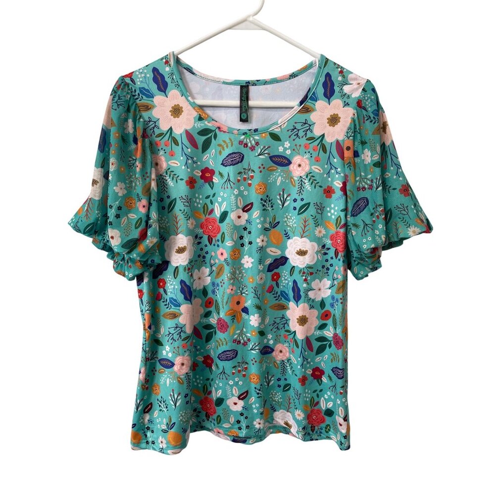 Sterling Kreek Blouse Size Small Floral Short Balloon Mesh Sleeve Botanical